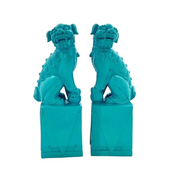 Foo Dog Blue resin  15” Figurine Pair Fu Guardian Lion Statue Oriental Asian - Picture 1 of 9